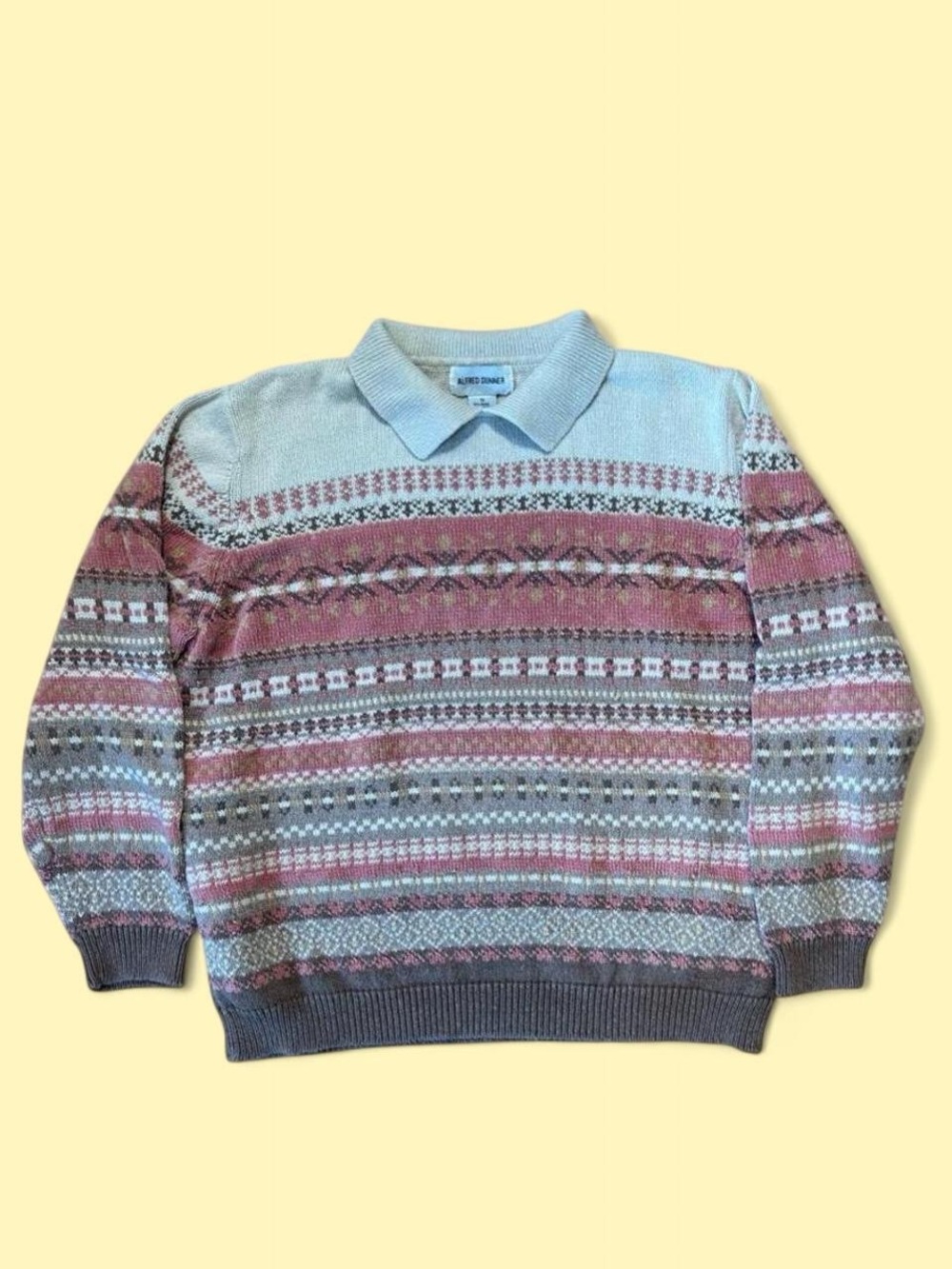 Vintage Alfred Dunner Pink, Cream & Brown Fair Isle Collared Sweater